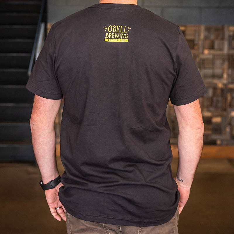 Back of Odell Colorado flag t-shirt with Odell Brewing Colorado in yellow letters