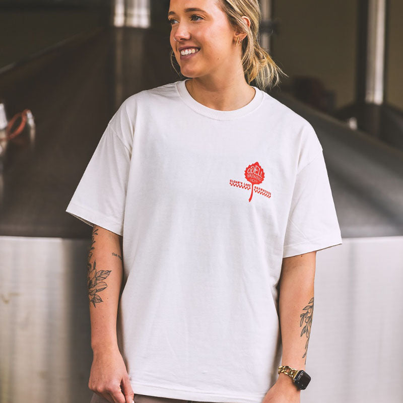 Sloans Lake Brewhouse, White tee with red front leaf logo