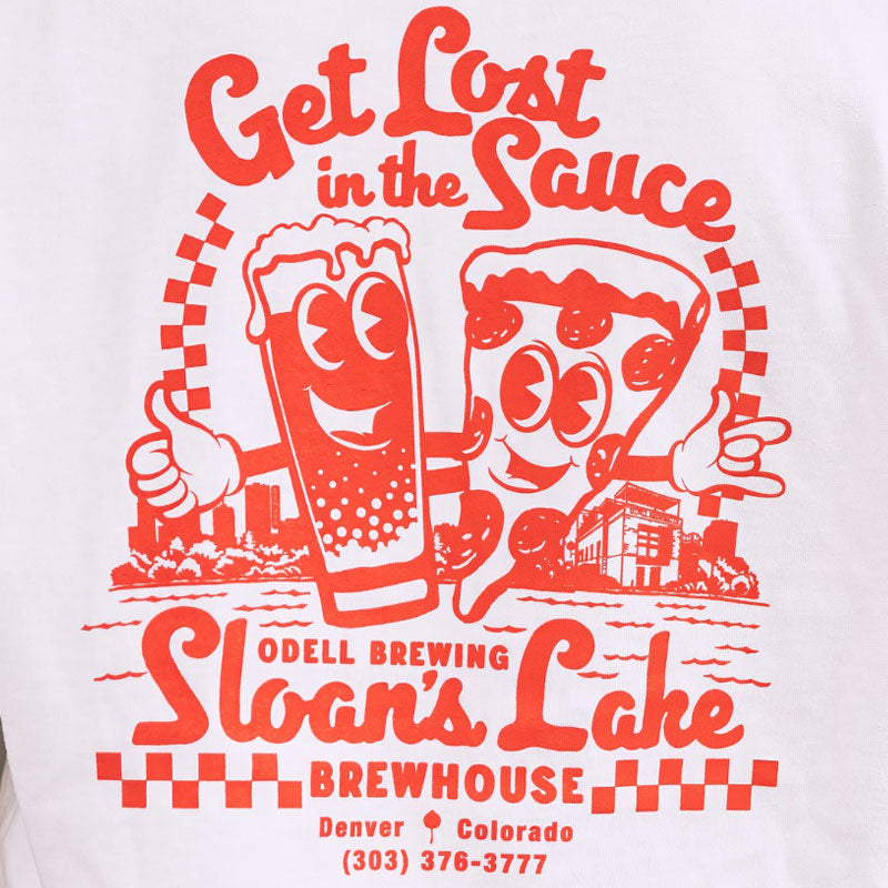 Sloans Lake Brewhouse, White tee with red Get lost in the sauce graphic
