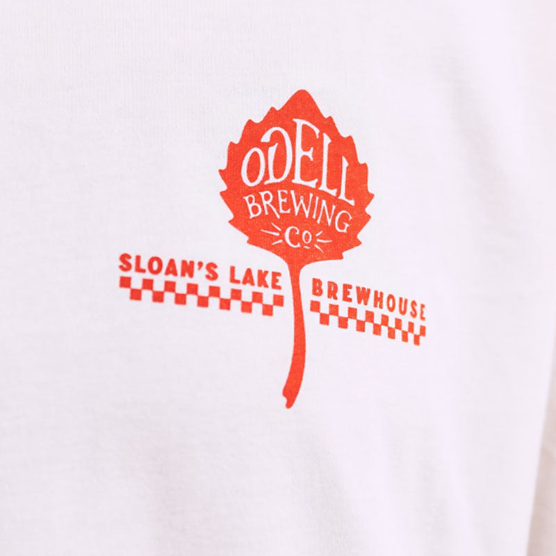 Sloans Lake Brewhouse, White tee with red leaf logo front