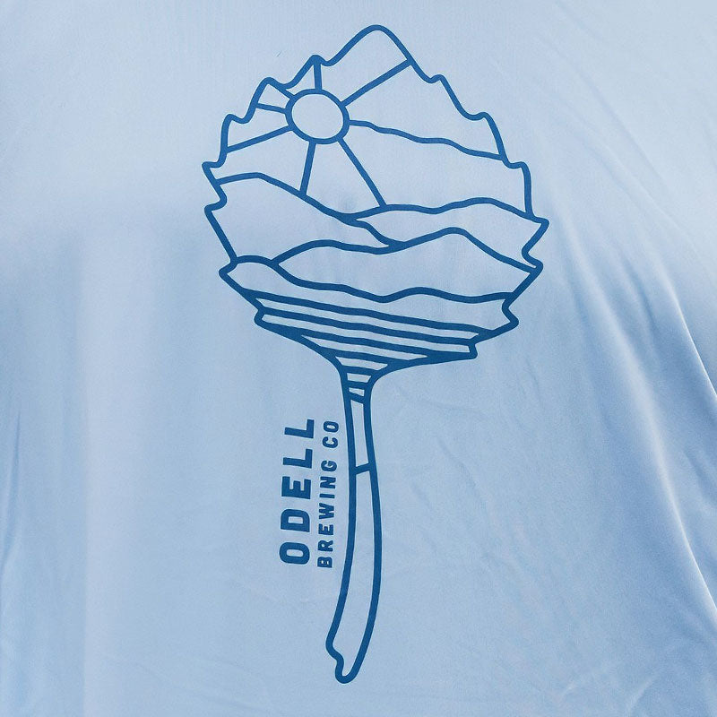 Baby blue, hooded, sun shirt, leaf logo, lake and mountain scene