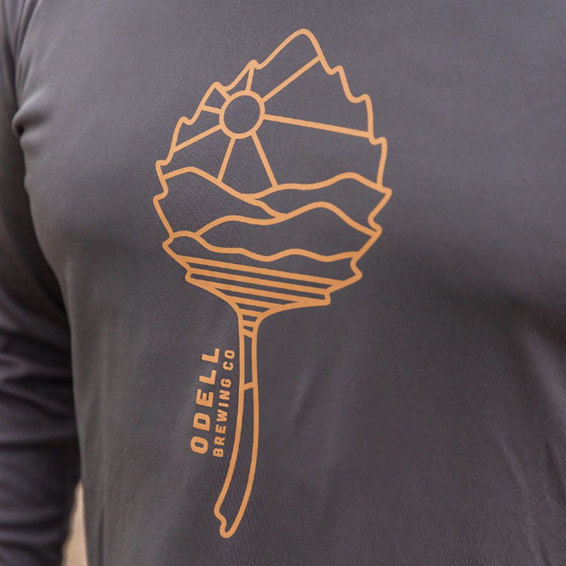 Gray, hooded, sun shirt, leaf logo, lake and mountain scene