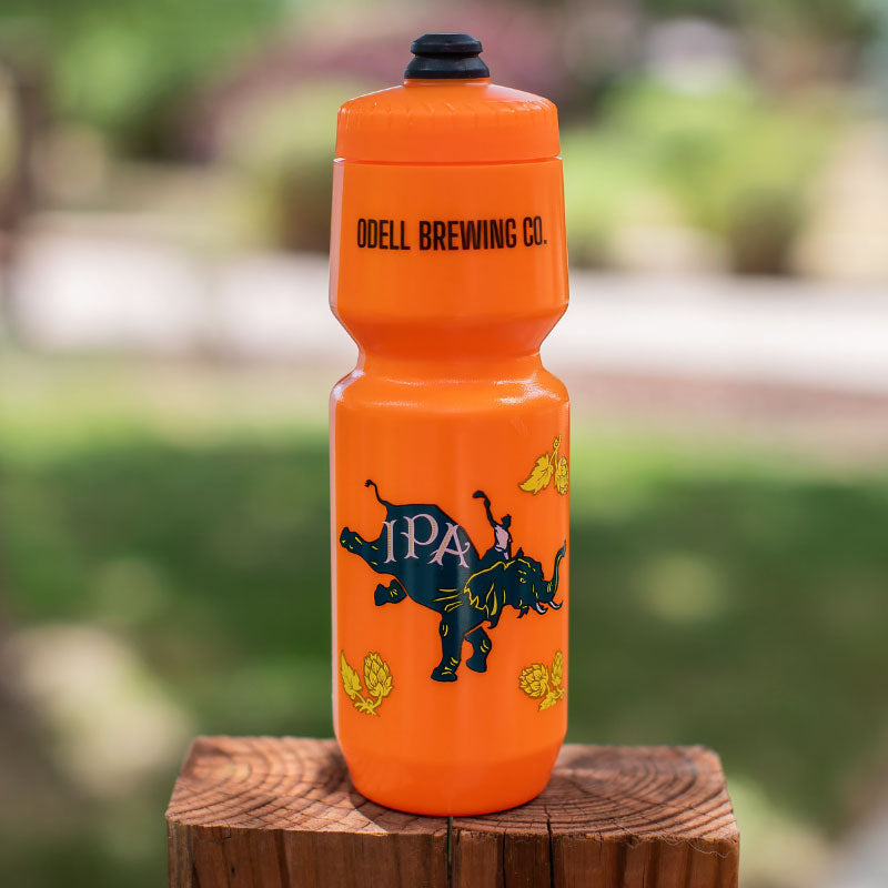 Orange water bottle with Odell IPA logo.