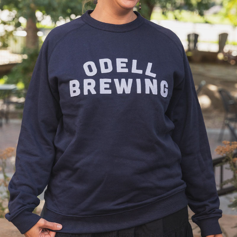 Navy Crewneck Sweat shirt with cut & sew Odell Brewing letters