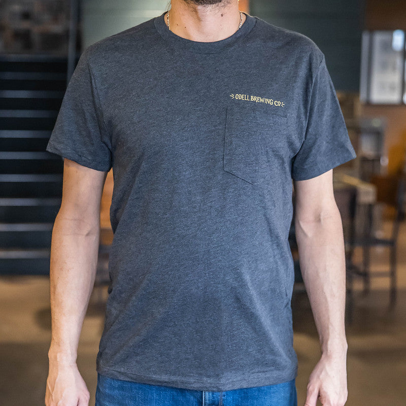 Front of Lagerado shirt with a pocket and Odell Brewing Co written above the pocket