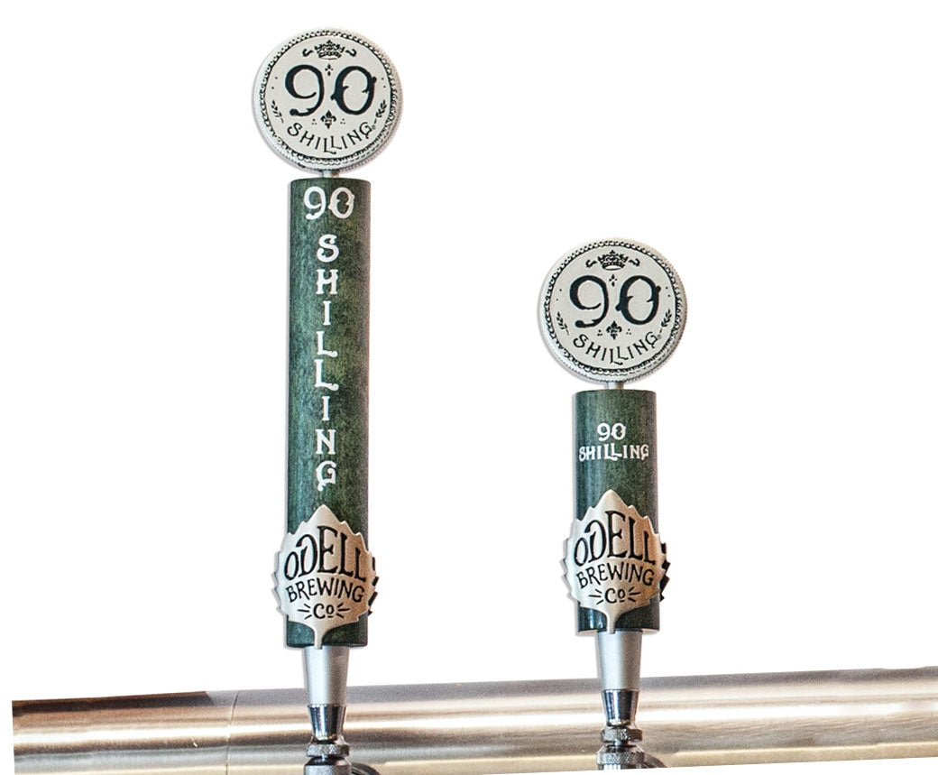 Two tap handles, one tall and one short, for the beer 90 Shilling