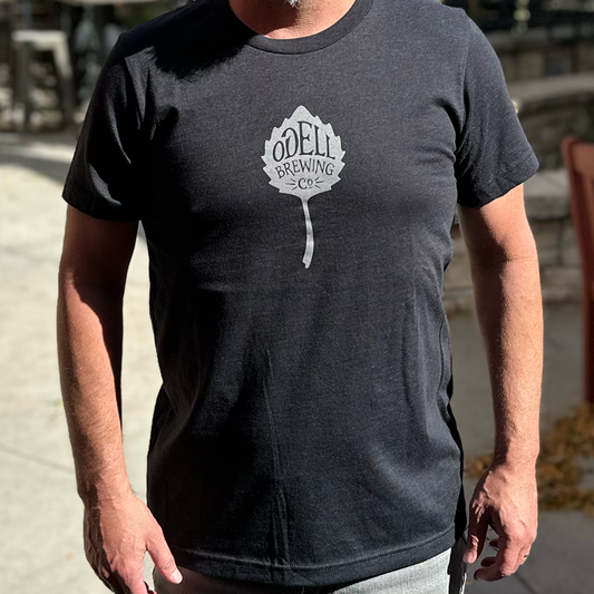 Black t-shirt with a grey Odell Brewing logo on the front