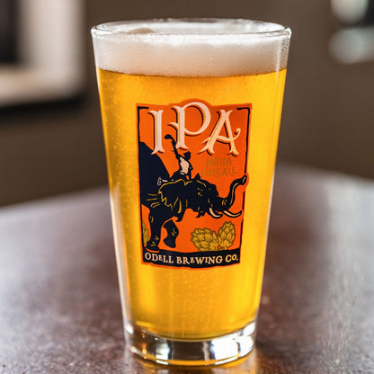 Odell IPA logo pint glass with beer