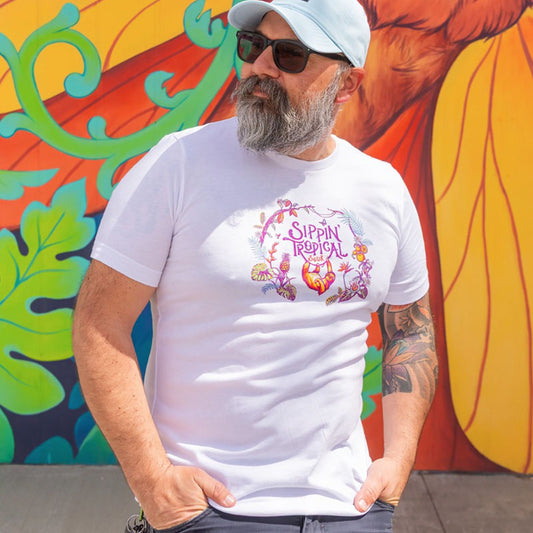 SIppin Tropical Art on white tee front