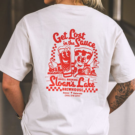 Sloans Lake Brewhouse, White tee with red Get lost in the sauce graphic