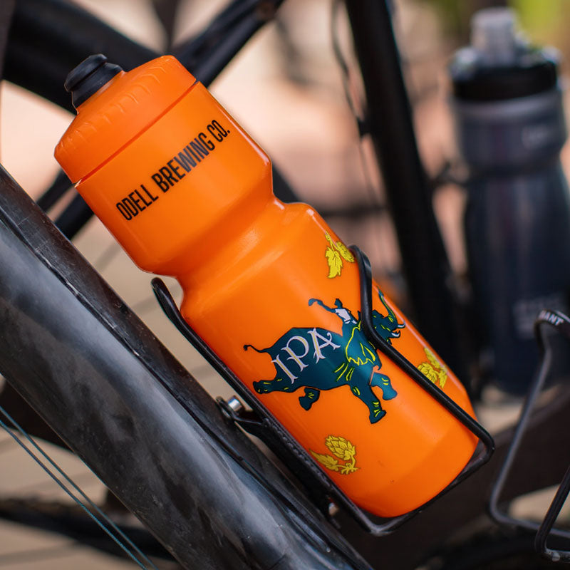 Orange water bottle with the Odell IPA logo