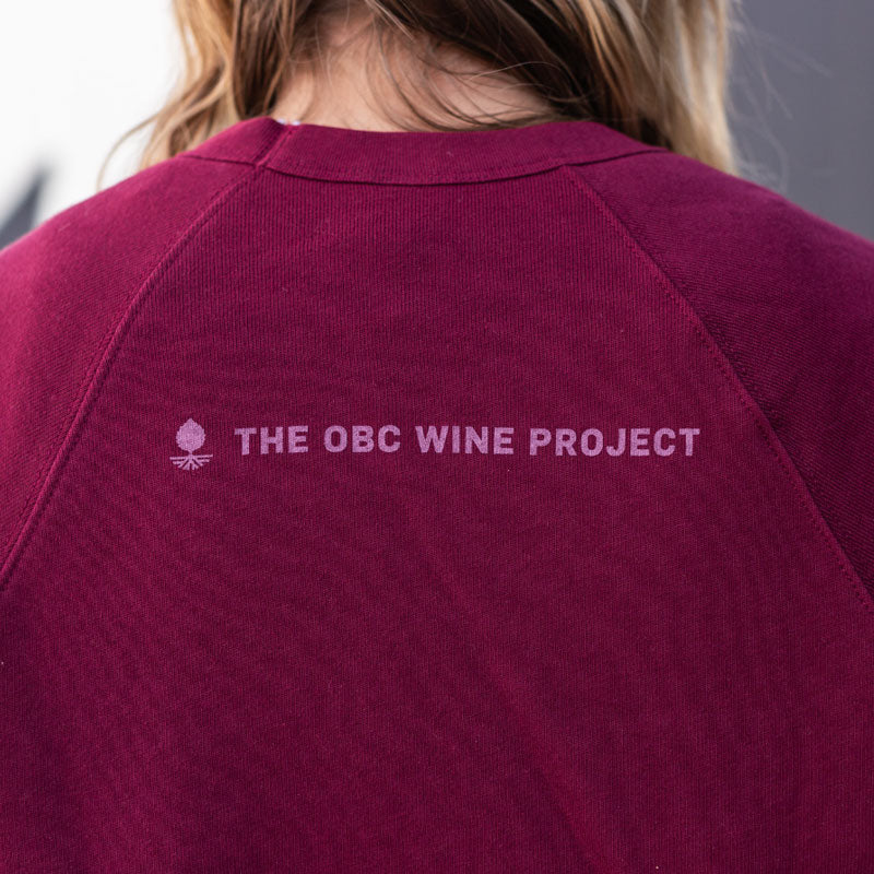 Back, Main color maroon, pink OBC Wine Project type, logo, crewneck sweatshirt 