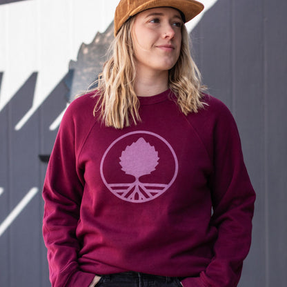 Front of OBC Wine Project Stamp Logo, Main color maroon, pink logo, crewneck sweatshirt 