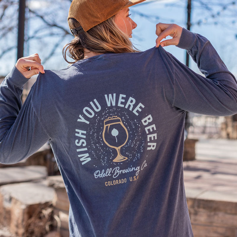 Back of blue long sleeve t-shirt that says Wish You Were Beer