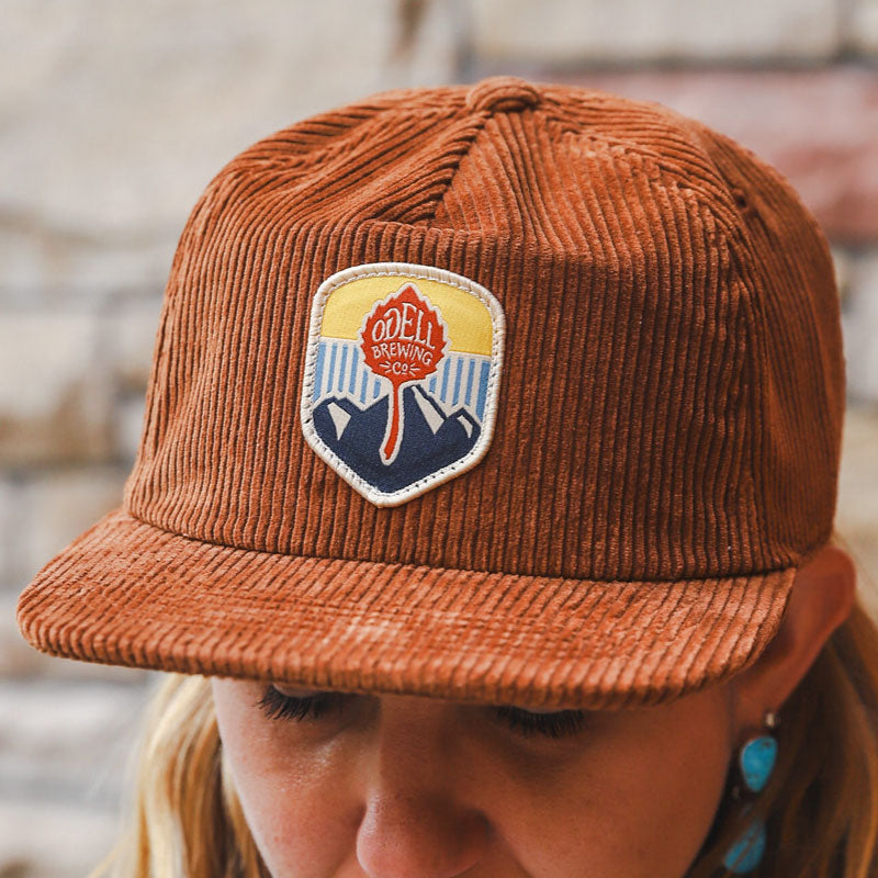 Brown corduroy hat with Odell patch on front