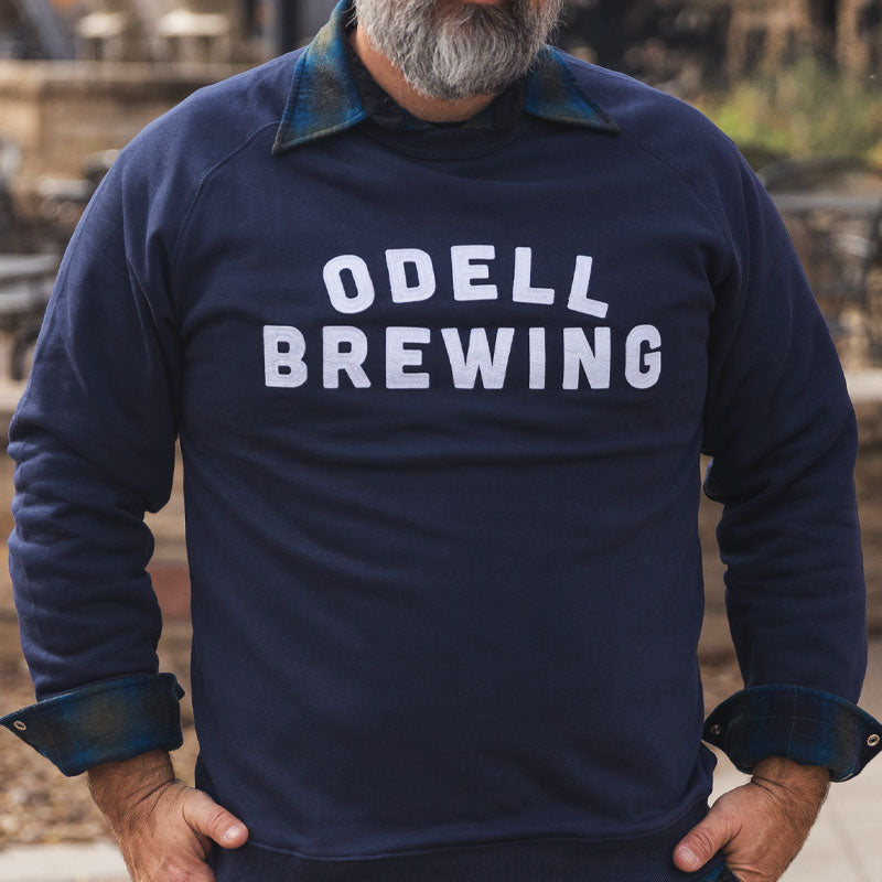 Navy Crewneck Sweat shirt with cut & sew Odell Brewing letters 