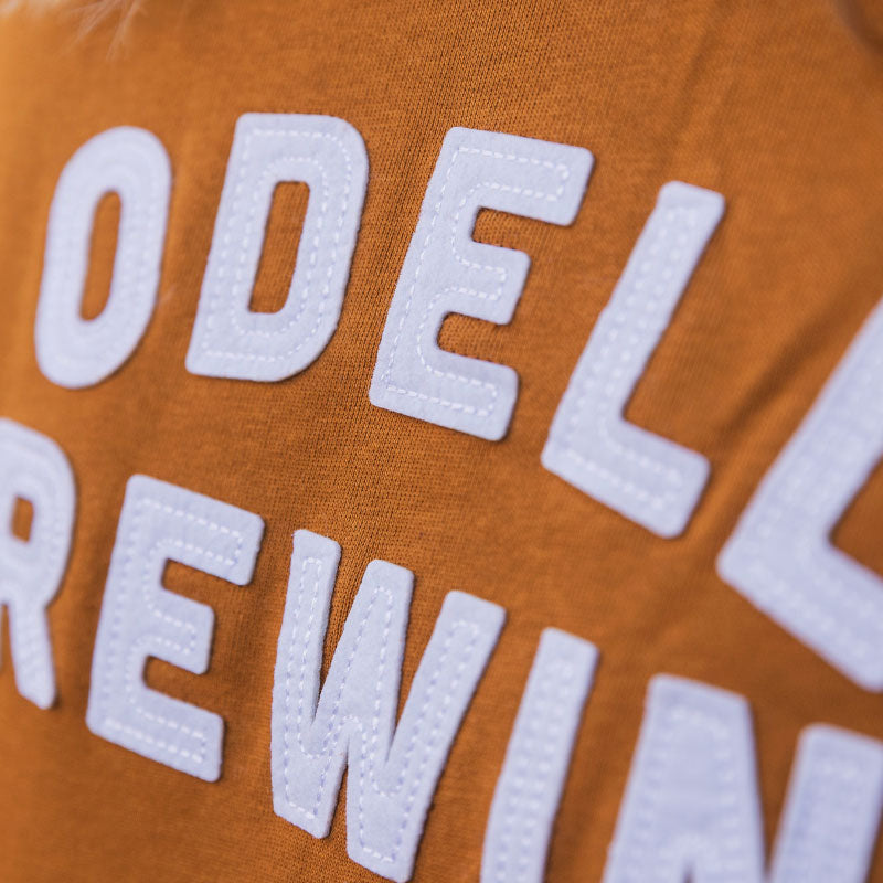 Rust Crewneck Sweat shirt with cut & sew Odell Brewing letters 