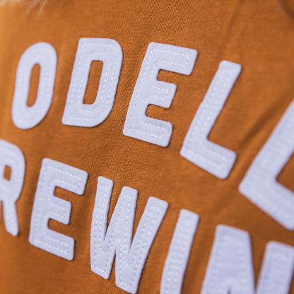 Rust Crewneck Sweat shirt with cut & sew Odell Brewing letters 