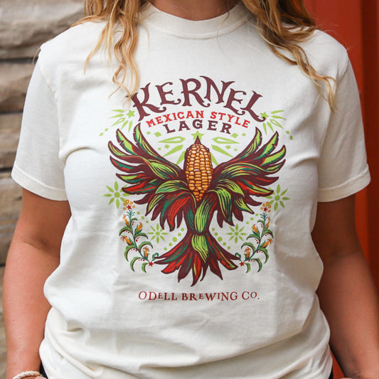 Kernel Mexican Lager logo on front of cream colored t-shirt